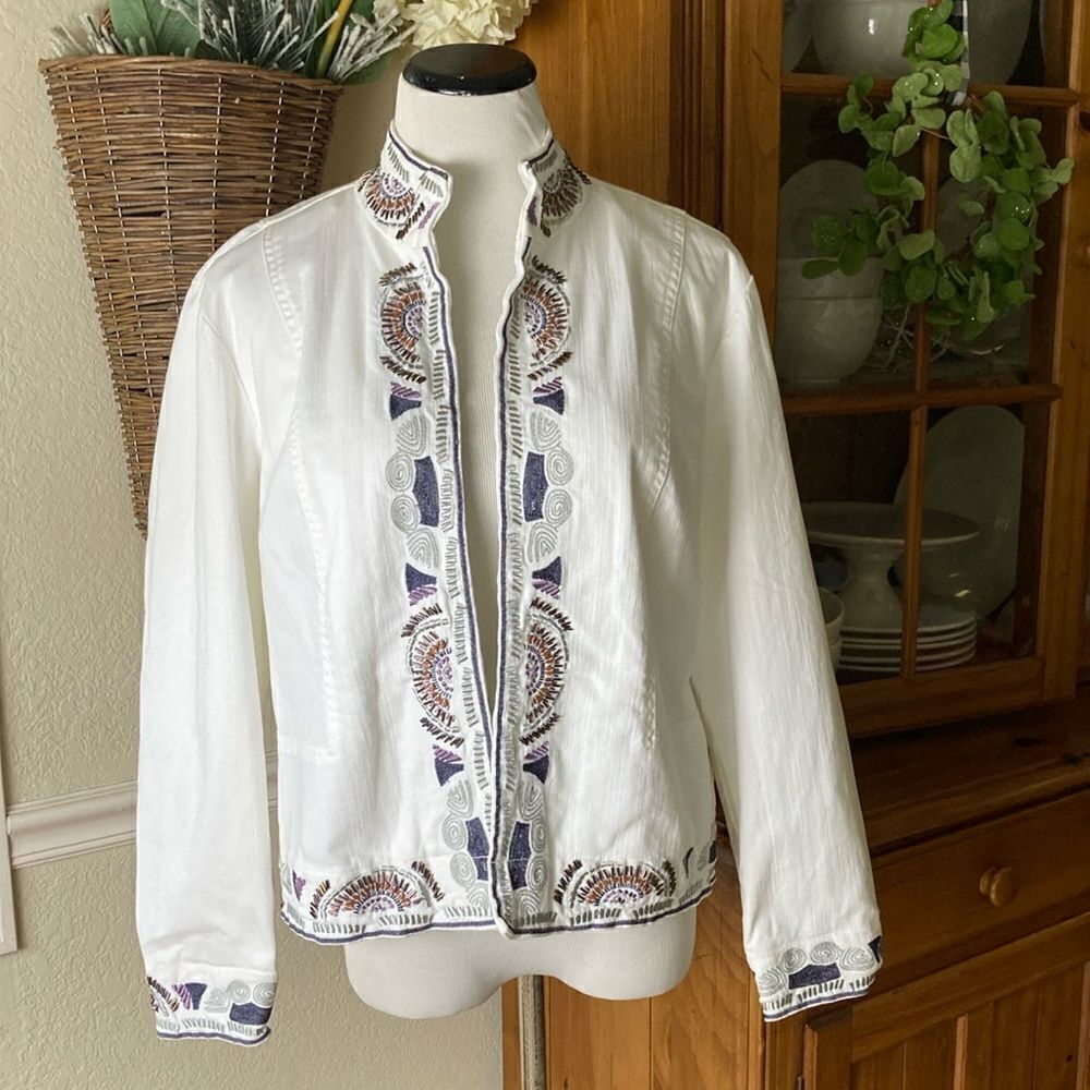 Embellished & Embroidered Coldwater Creek White Denim Open Front Jacket Size PL